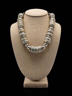 Chico’s Chunky Silver Tone Disc Statement Necklace NWT 17” + Extender